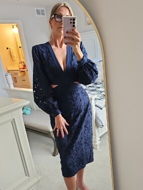 Reiss Navy Eyelet Lace Midi Dress with Cutouts